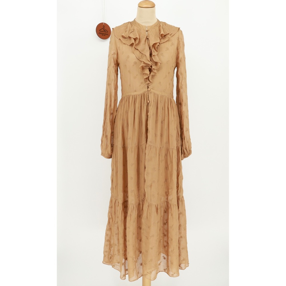 DOEN Faye Adobe Embroidered Ruffle Tiered Maxi Dress Small Brown Boho
